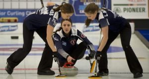 Shawinigan PQ,January 21, 2018.New Holland Canadian Junior Curling Championship.Nova Scotia , skip Kaitlyn Jones.Karlee and Lindsay Burgess.Curling Canada/ michael burns photo